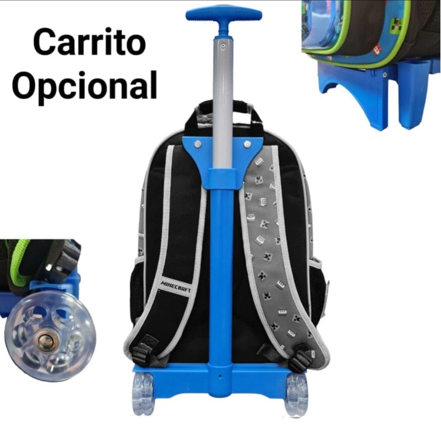 Mochila Primaria minecraft azul / Ruz (Carrito opcional)